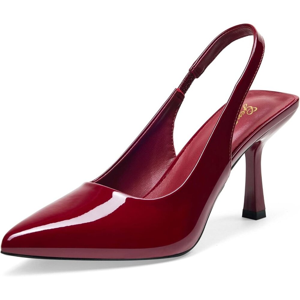🆕Women's Wine Red Slingback Kitten Heel Pointed Closed Toe Stiletto Pumps Slip